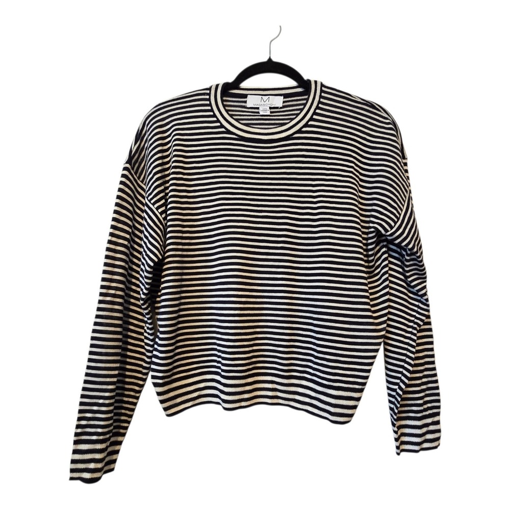 M Magaschoni Knit Cashmere Blend Sweater Womens MED Black White Parisian‎ Stripe